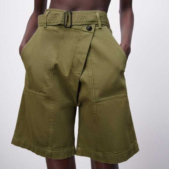 Green Zara High-Waisted Belted Bermuda Cargo Shorts (NWT)